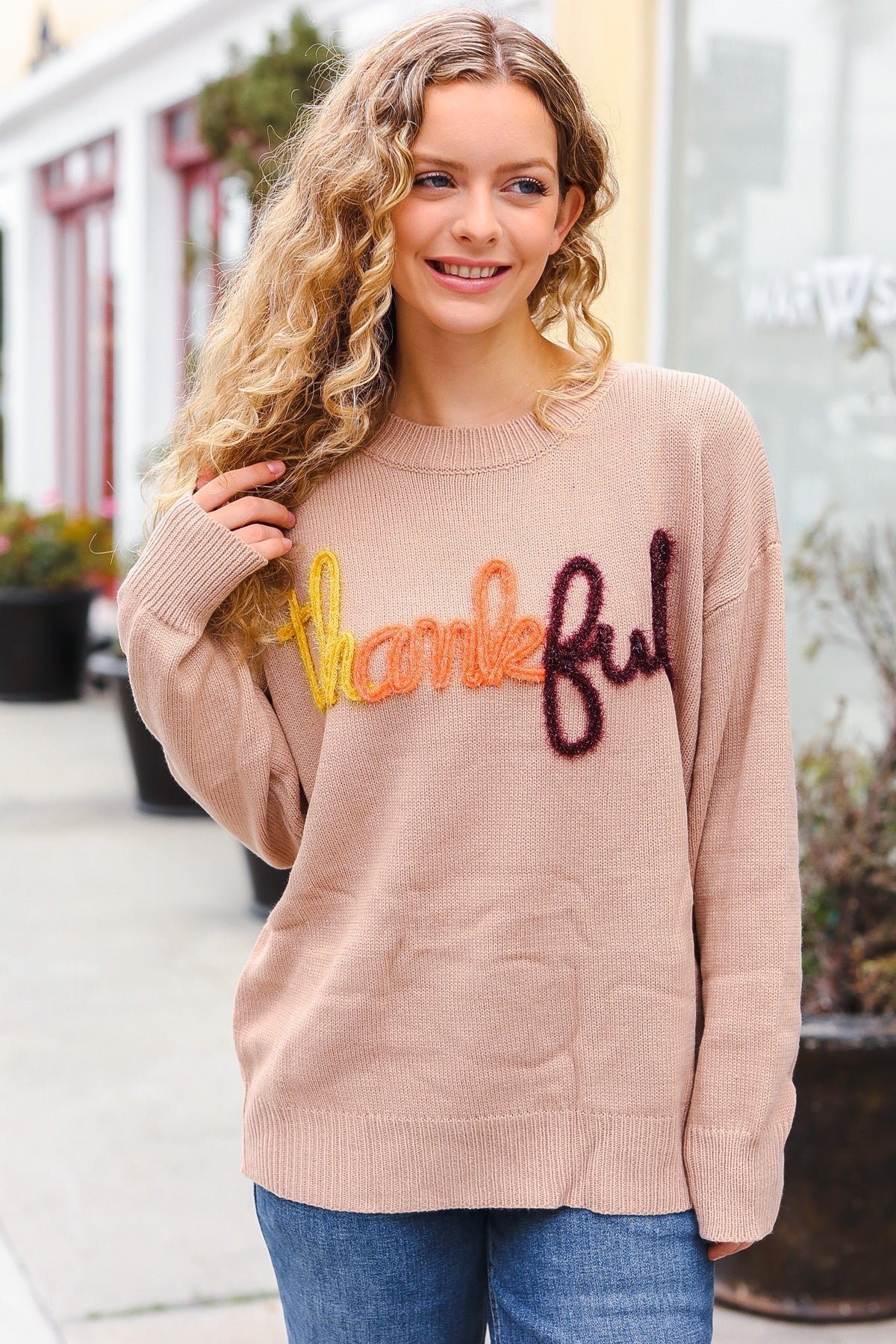 Aida® | Feeling Thanksful – Sweter typu pop-up z błyszczącym haftem w kolorze taupe