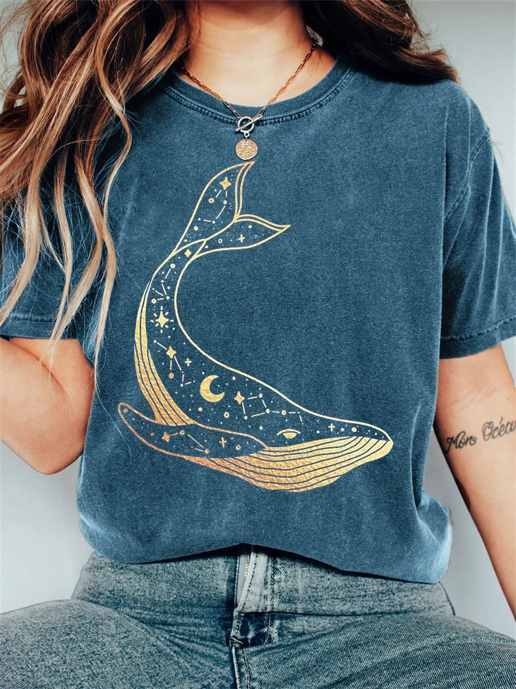 Graficzna koszulka z wielorybem Celestial w stylu vintage washed