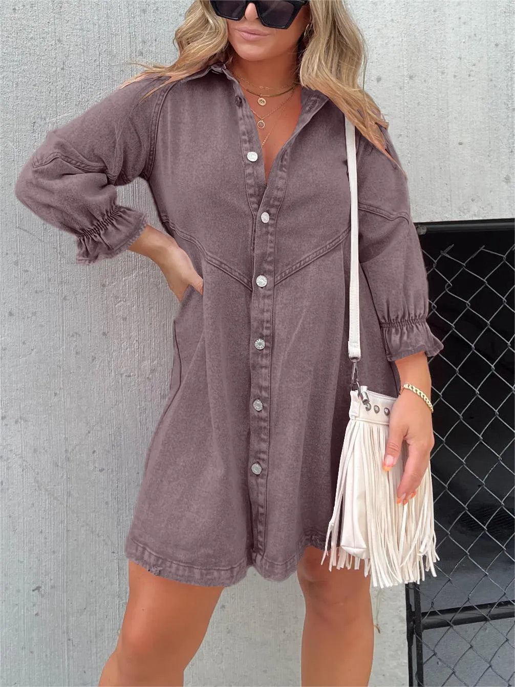 WASHED DENIM PUFF SLEEVE DRESS