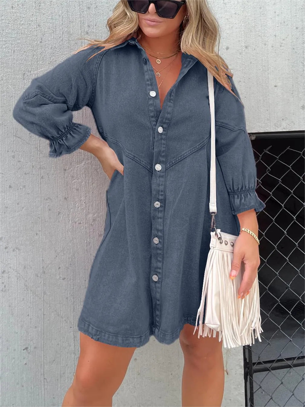 WASHED DENIM PUFF SLEEVE DRESS