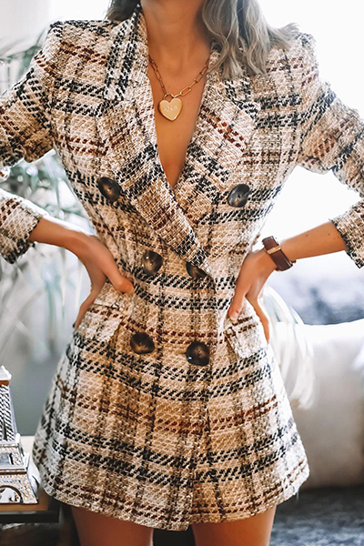 Adela® | Modna, elegancka odzież wierzchnia w kratę, patchworkowa, z wykładanym kołnierzem
