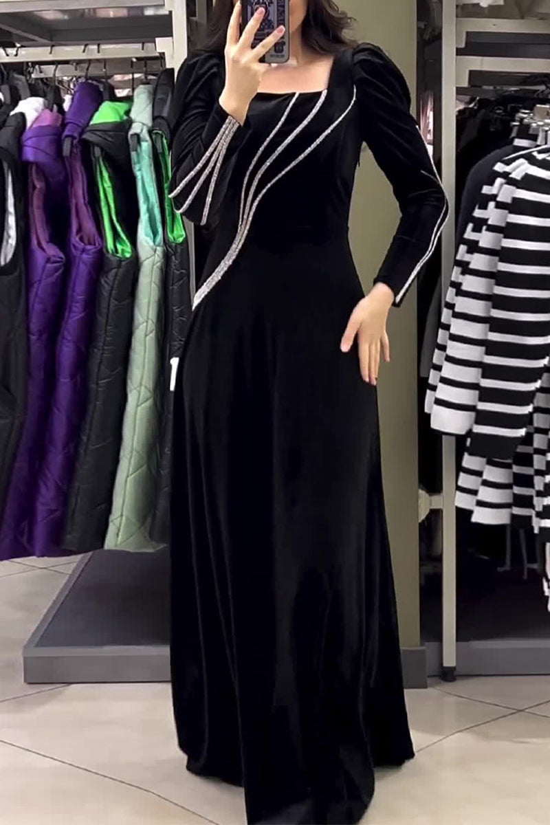 Alejandra® | Elegancka, solidna, patchworkowa sukienka typu Princess z kwadratowym kołnierzykiem i gorącym wiertłem