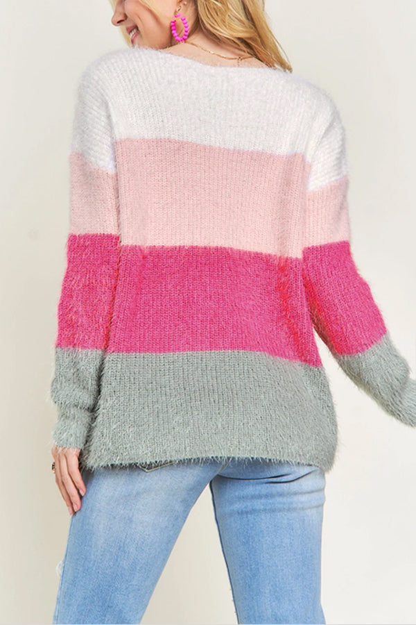 Abigail® | Sweter z dzianiny w paski i z blokami kolorów, z dekoltem w kształcie litery V