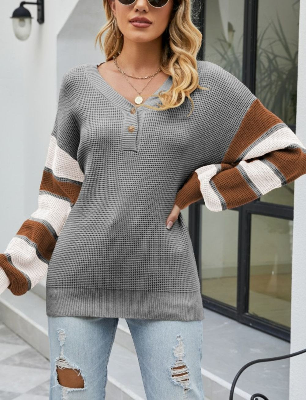 Alba® | Damski sweter zapinany na guziki w bloki kolorystyczne