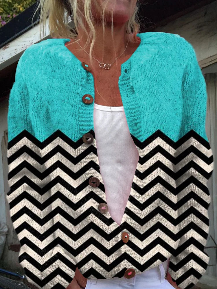 Adriana® | Swobodny sweter kardigan z abstrakcyjnym nadrukiem w stylu retro