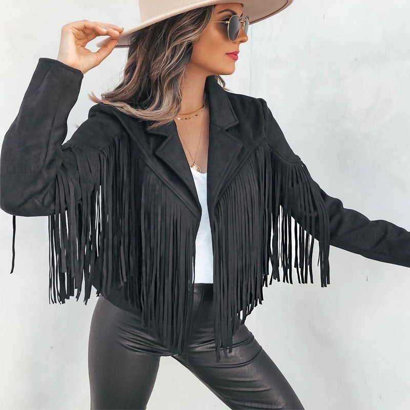 Adriana® | Zamszowa kurtka w stylu motocyklowym z kowbojskimi frędzlami