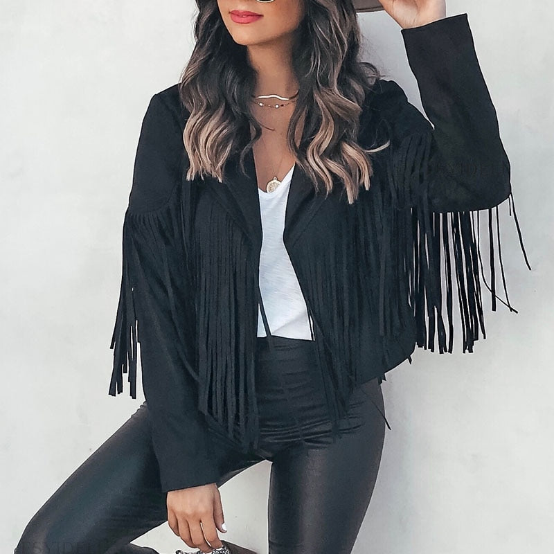 Adriana® | Zamszowa kurtka w stylu motocyklowym z kowbojskimi frędzlami