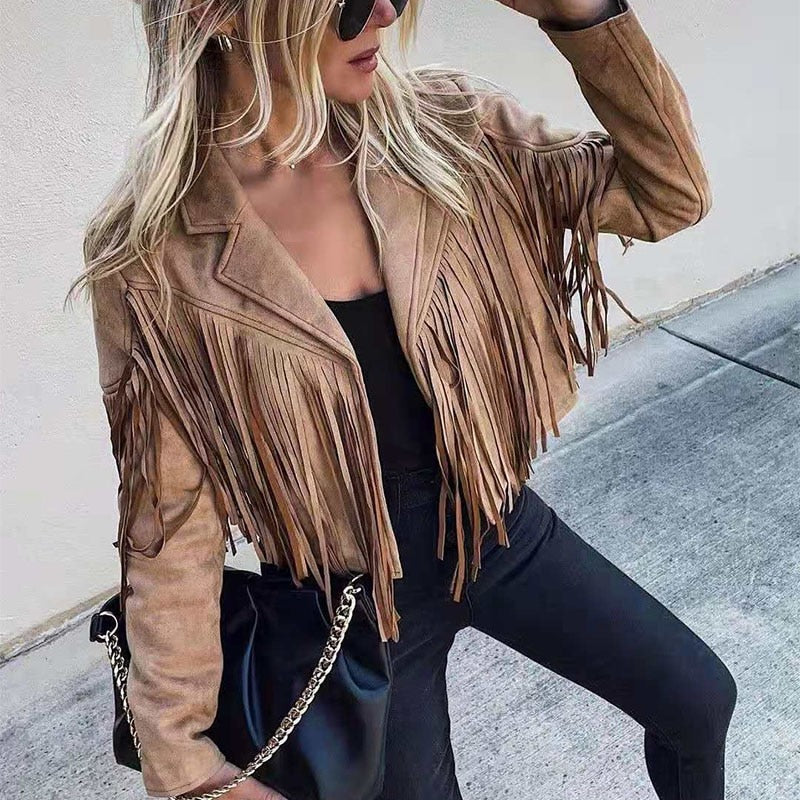 Adriana® | Zamszowa kurtka w stylu motocyklowym z kowbojskimi frędzlami