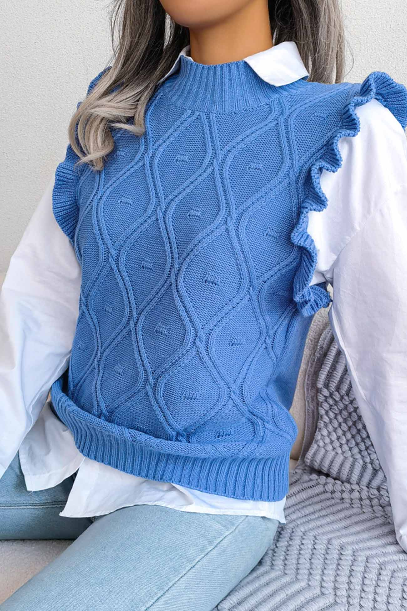 Aitana® | Sweter z kamizelką z dzianiny w stylu argyle z falbaną