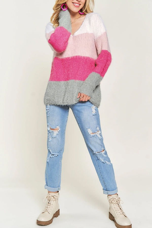 Abigail® | Sweter z dzianiny w paski i z blokami kolorów, z dekoltem w kształcie litery V