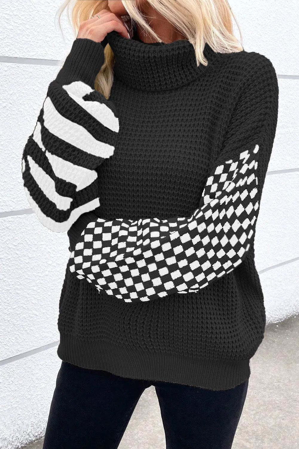 Agnieszka® | Sweter z golfem w kratkę i długimi rękawami