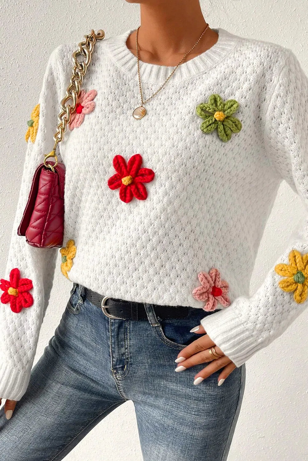 Mia® | Sweter z szydełkowanym kwiatowym dekoltem