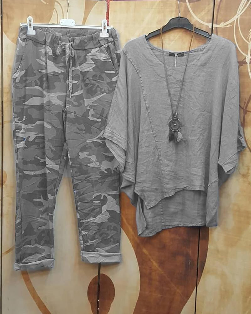 Irregular Hem Big Round Neck FivePoint Sleeve Two Piece Suit