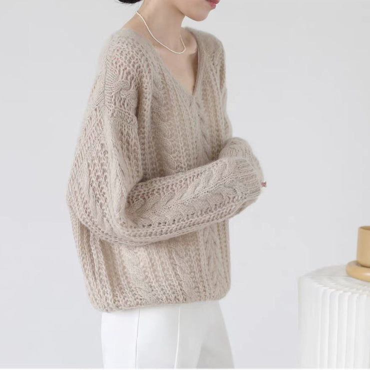 Maria – Prosty Sweter w Stylu vintage z Długim Rękawem i Dekoltem w Kształcie Litery V