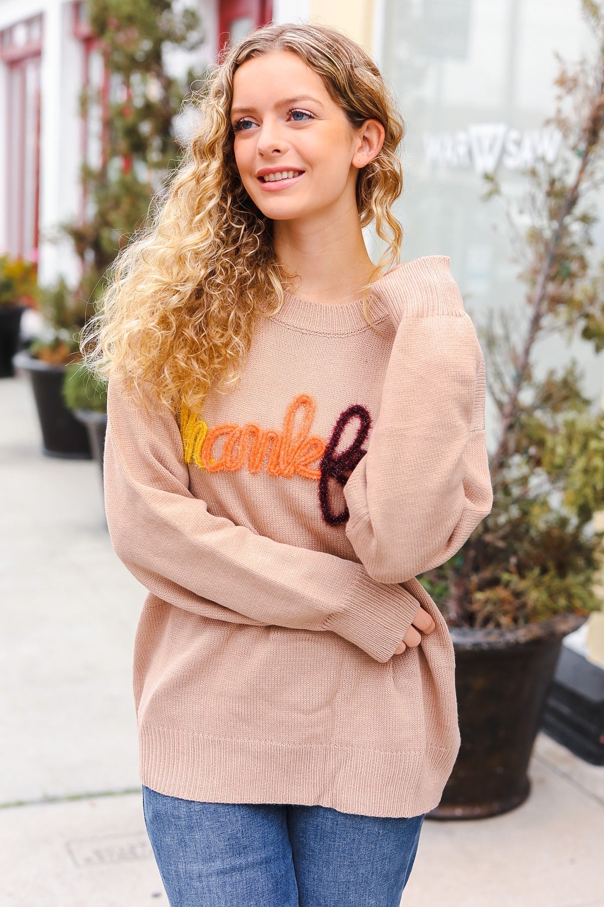 Aida® | Feeling Thanksful – Sweter typu pop-up z błyszczącym haftem w kolorze taupe