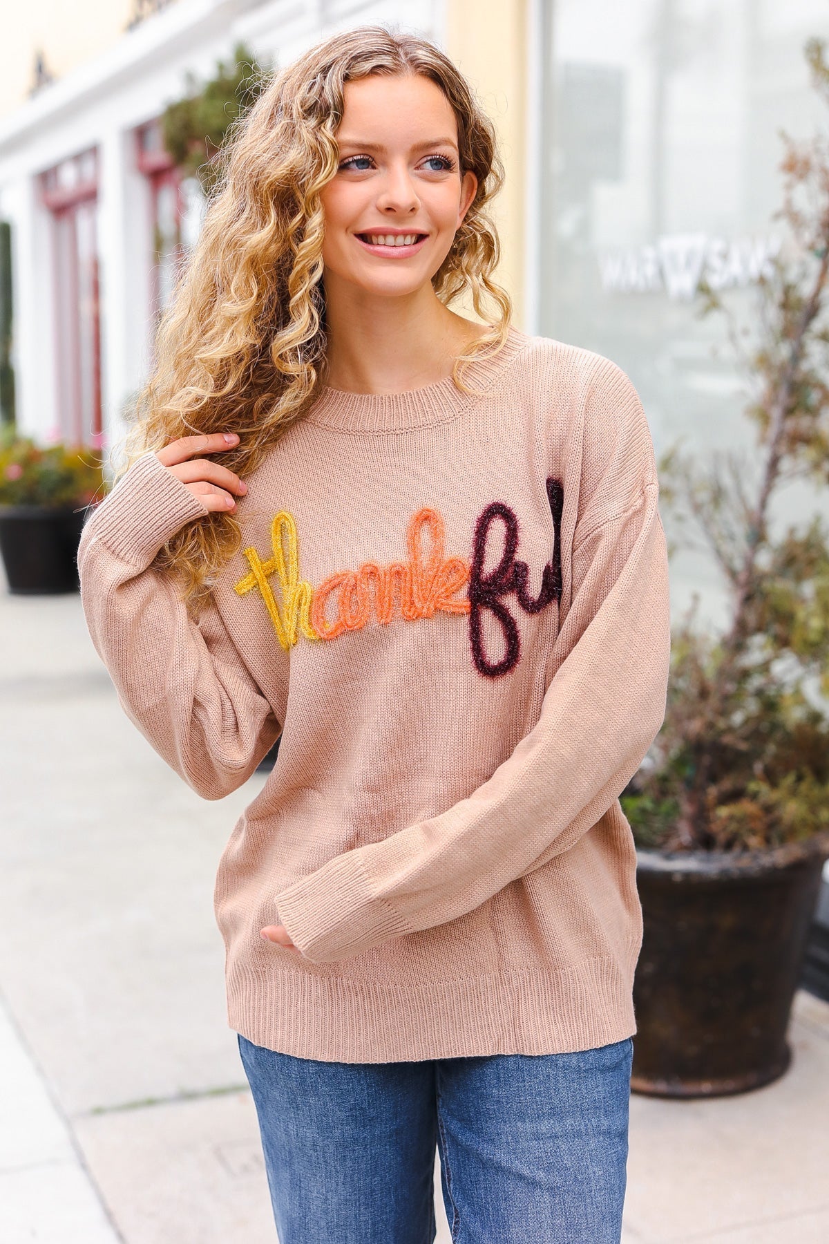 Aida® | Feeling Thanksful – Sweter typu pop-up z błyszczącym haftem w kolorze taupe