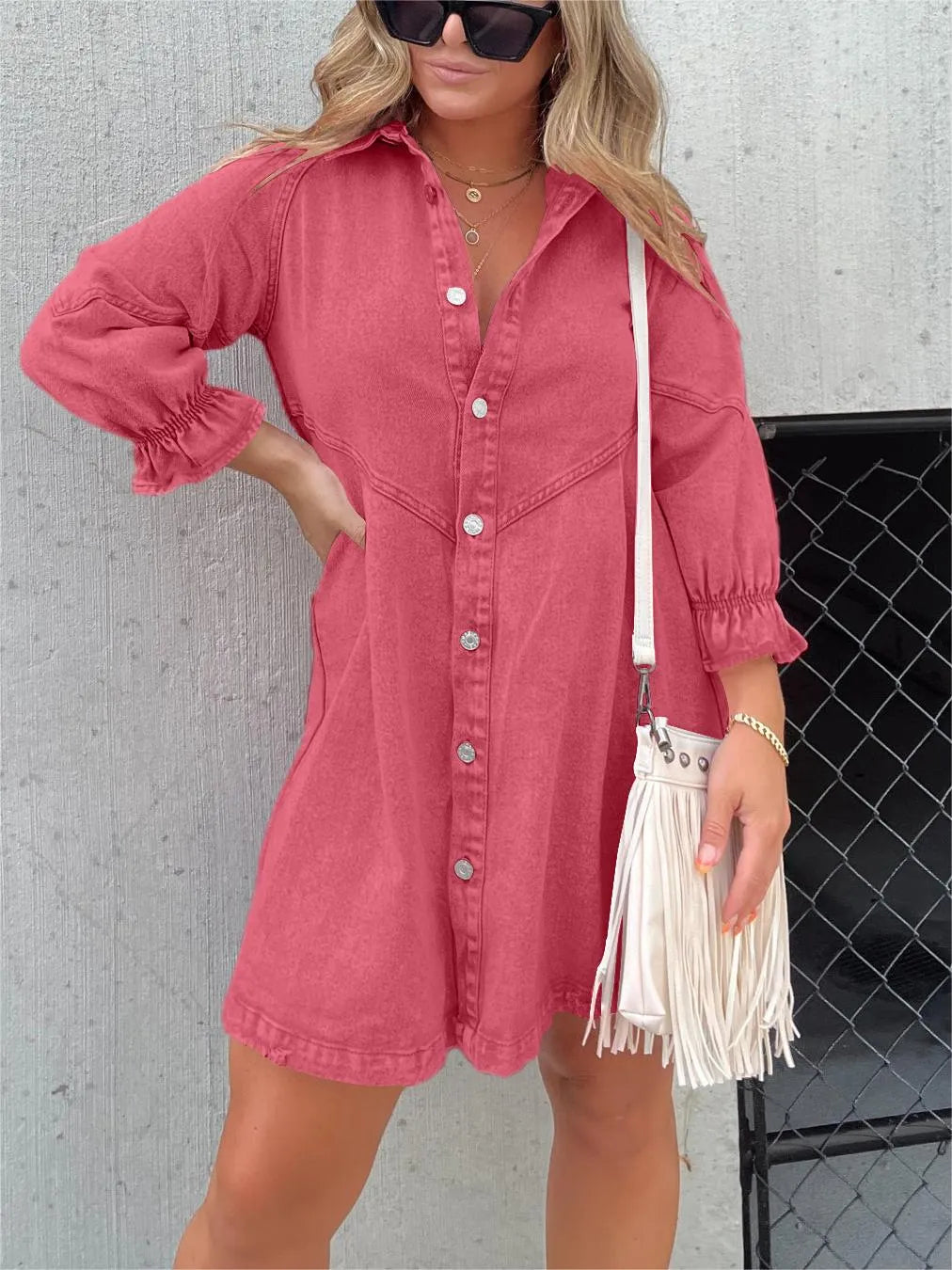 WASHED DENIM PUFF SLEEVE DRESS
