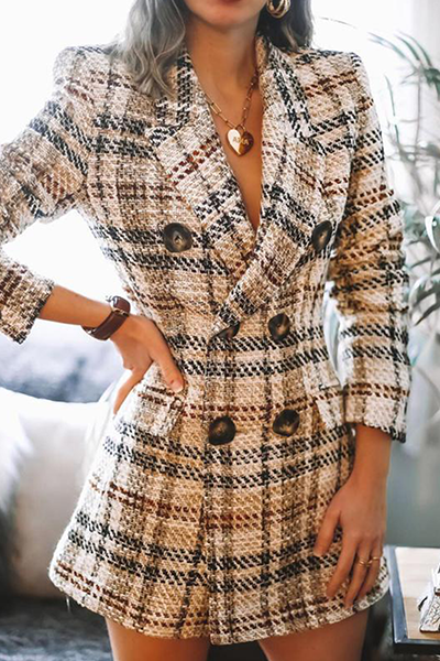 Adela® | Modna, elegancka odzież wierzchnia w kratę, patchworkowa, z wykładanym kołnierzem