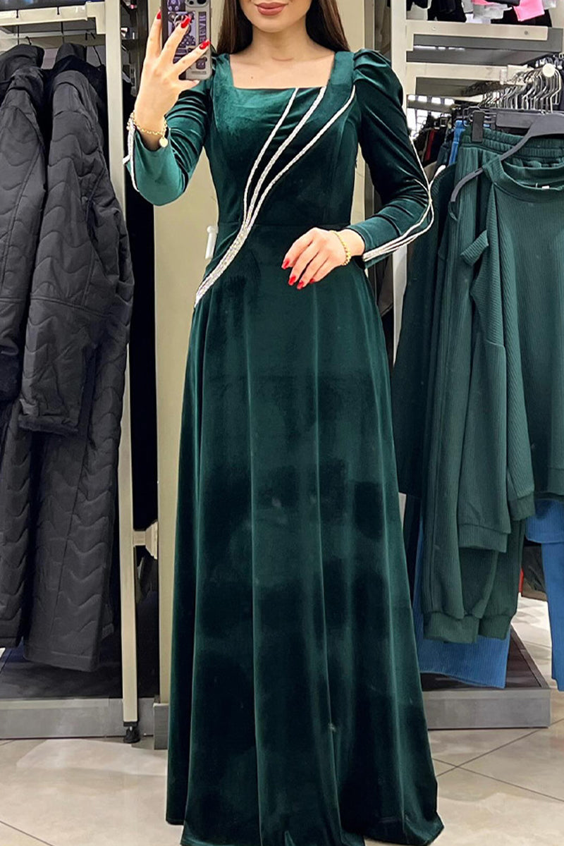 Alejandra® | Elegancka, solidna, patchworkowa sukienka typu Princess z kwadratowym kołnierzykiem i gorącym wiertłem