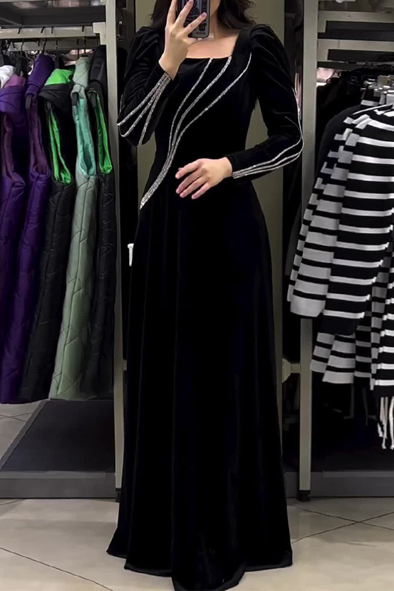 Alejandra® | Elegancka, solidna, patchworkowa sukienka typu Princess z kwadratowym kołnierzykiem i gorącym wiertłem