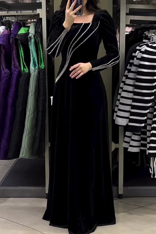 Alejandra® | Elegancka, solidna, patchworkowa sukienka typu Princess z kwadratowym kołnierzykiem i gorącym wiertłem