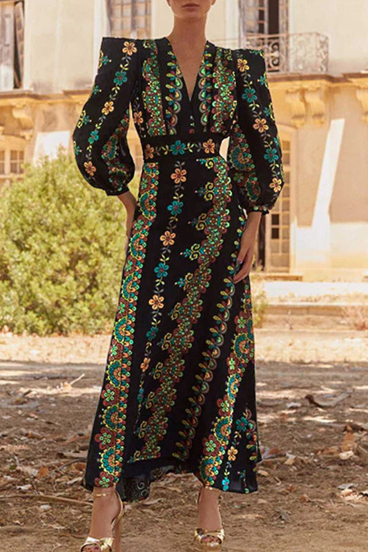 Alessia® | Dwuczęściowy garnitur w stylu vintage z eleganckim geometrycznym nadrukiem i dekoltem w kształcie litery V