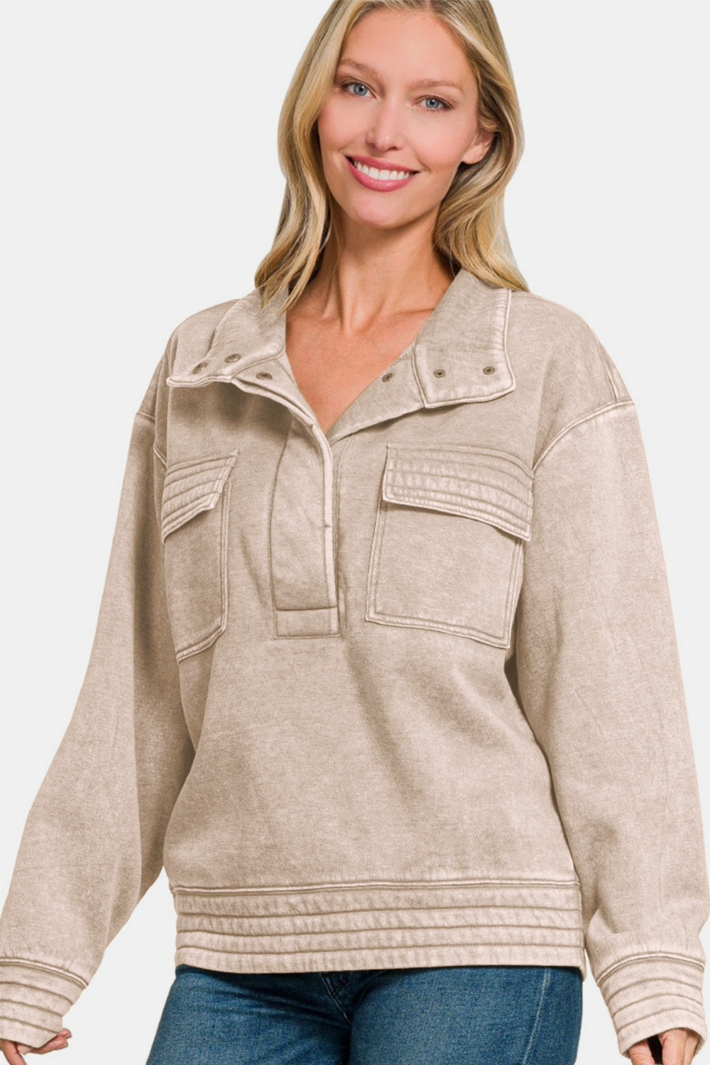 Adriana® | Bluza polarowa Zenana Acid Washed Half Snap