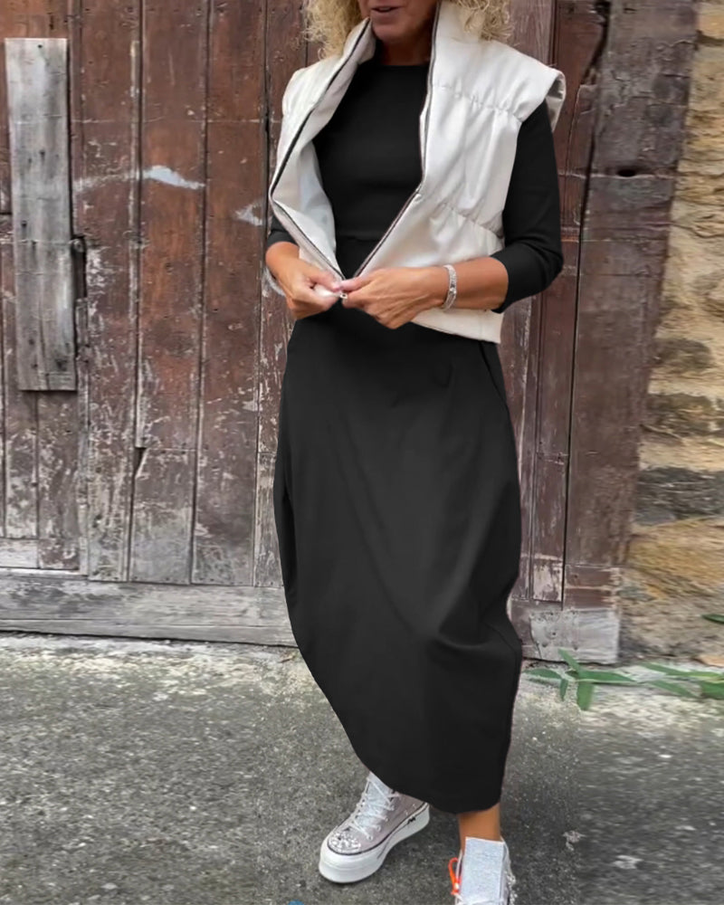 Alicja® | Elegancka, prosta sukienka Prosta z długim rękawem i kieszeniami