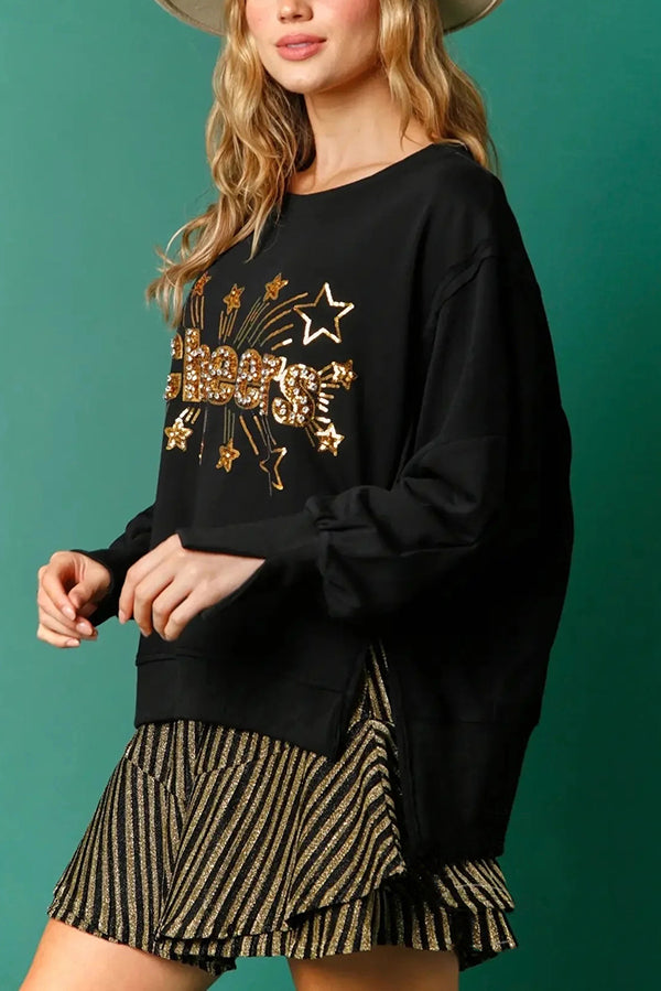 Melanie® | Świąteczna, cekinowa, swobodna bluza z długim rękawem i okrągłym dekoltem