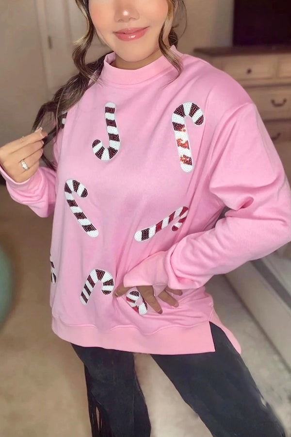 Melanie® | Świąteczna, cekinowa, swobodna bluza z długim rękawem i okrągłym dekoltem