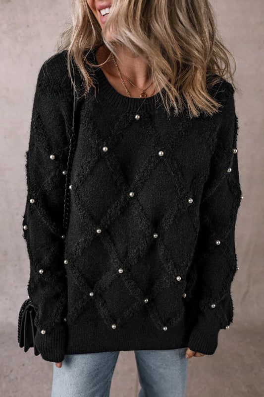 Adina® | Sweter z długim rękawem i okrągłym dekoltem z perłowymi detalami