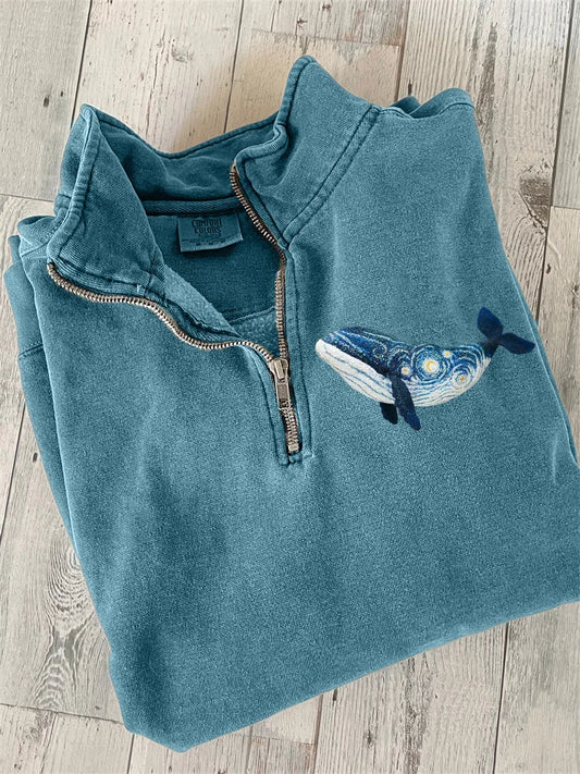 Zapinana na zamek bluza z wyhaftowanym wielorybem inspirowanym gwiaździstą nocą