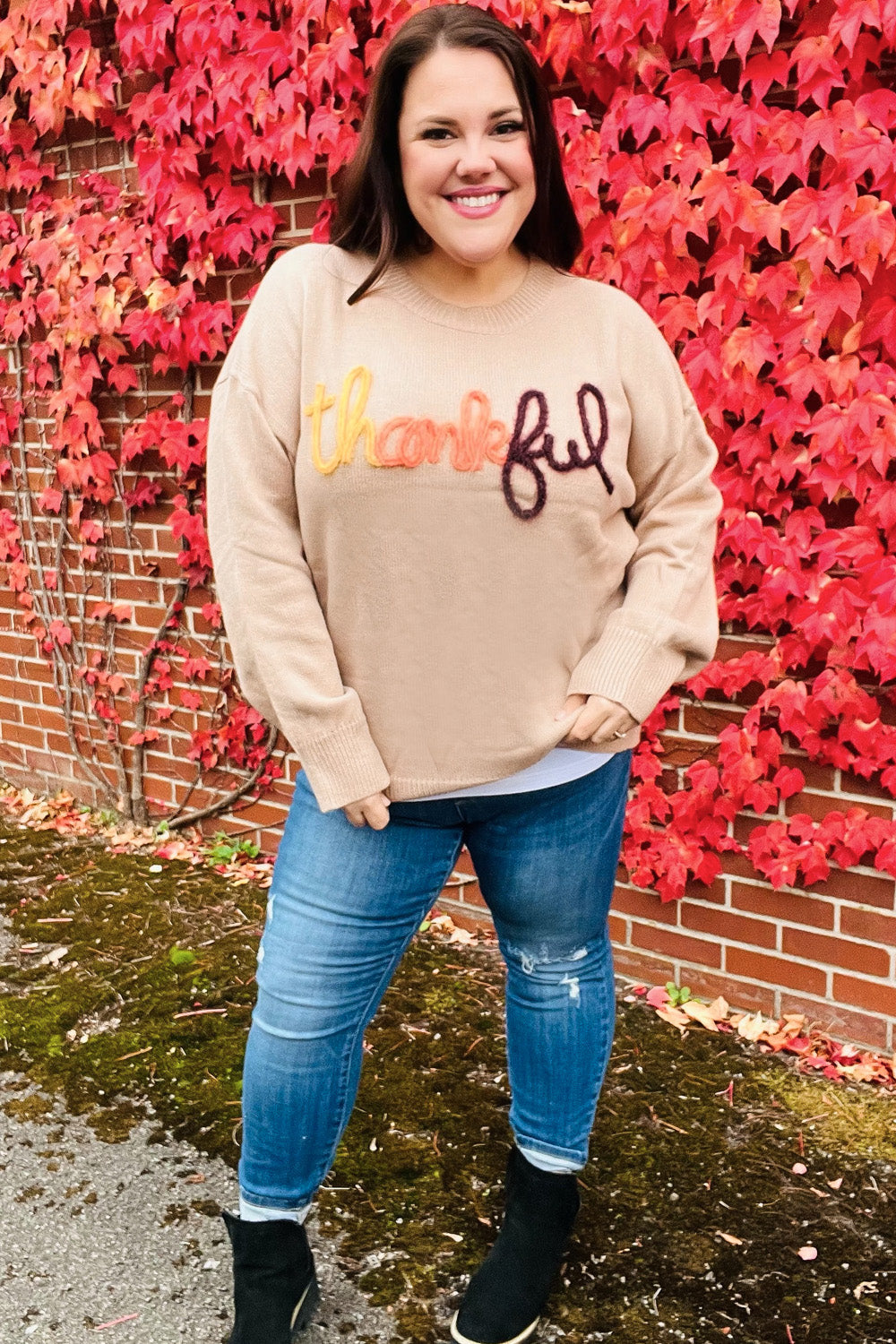 Aida® | Feeling Thanksful – Sweter typu pop-up z błyszczącym haftem w kolorze taupe