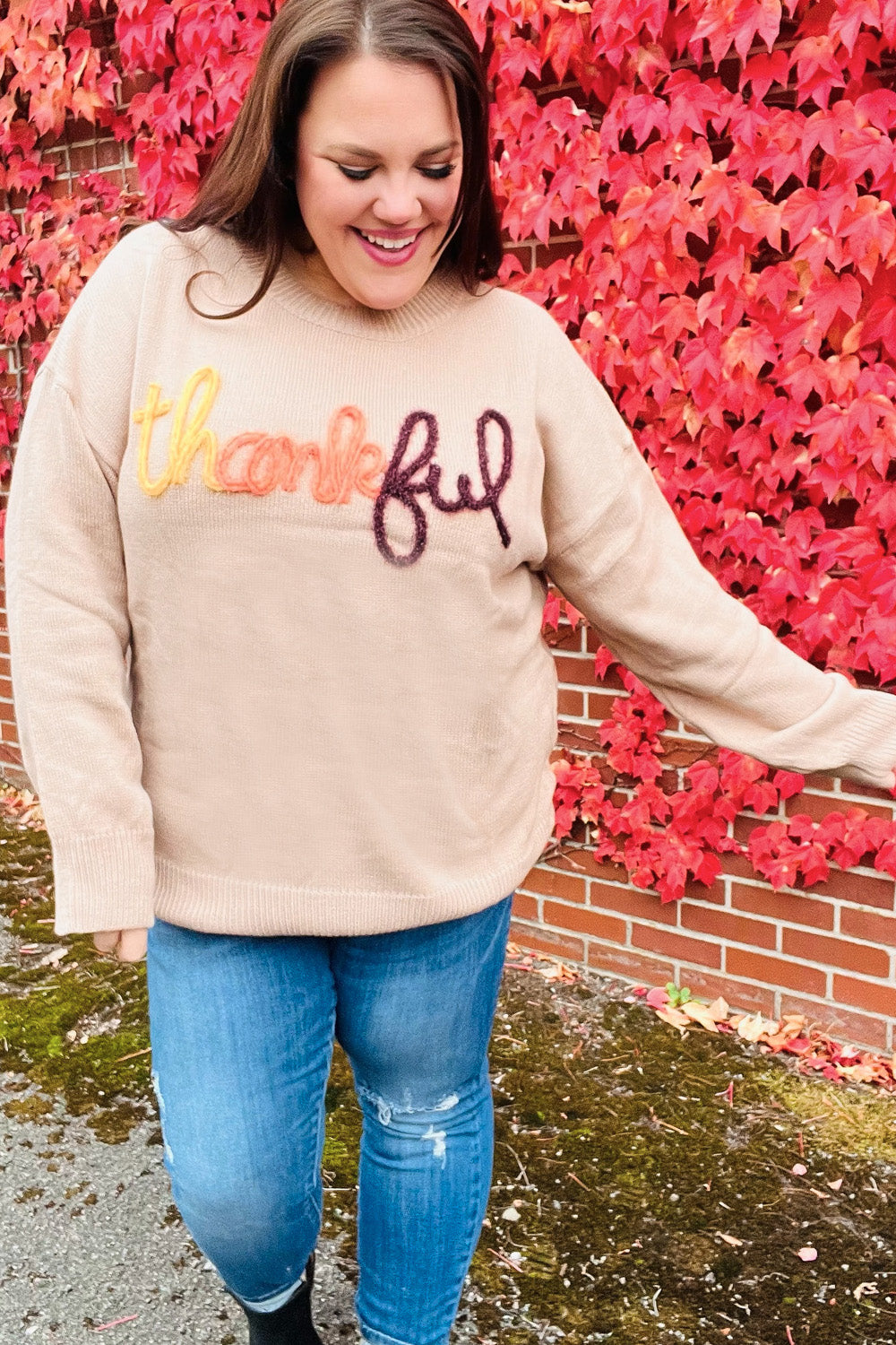 Aida® | Feeling Thanksful – Sweter typu pop-up z błyszczącym haftem w kolorze taupe