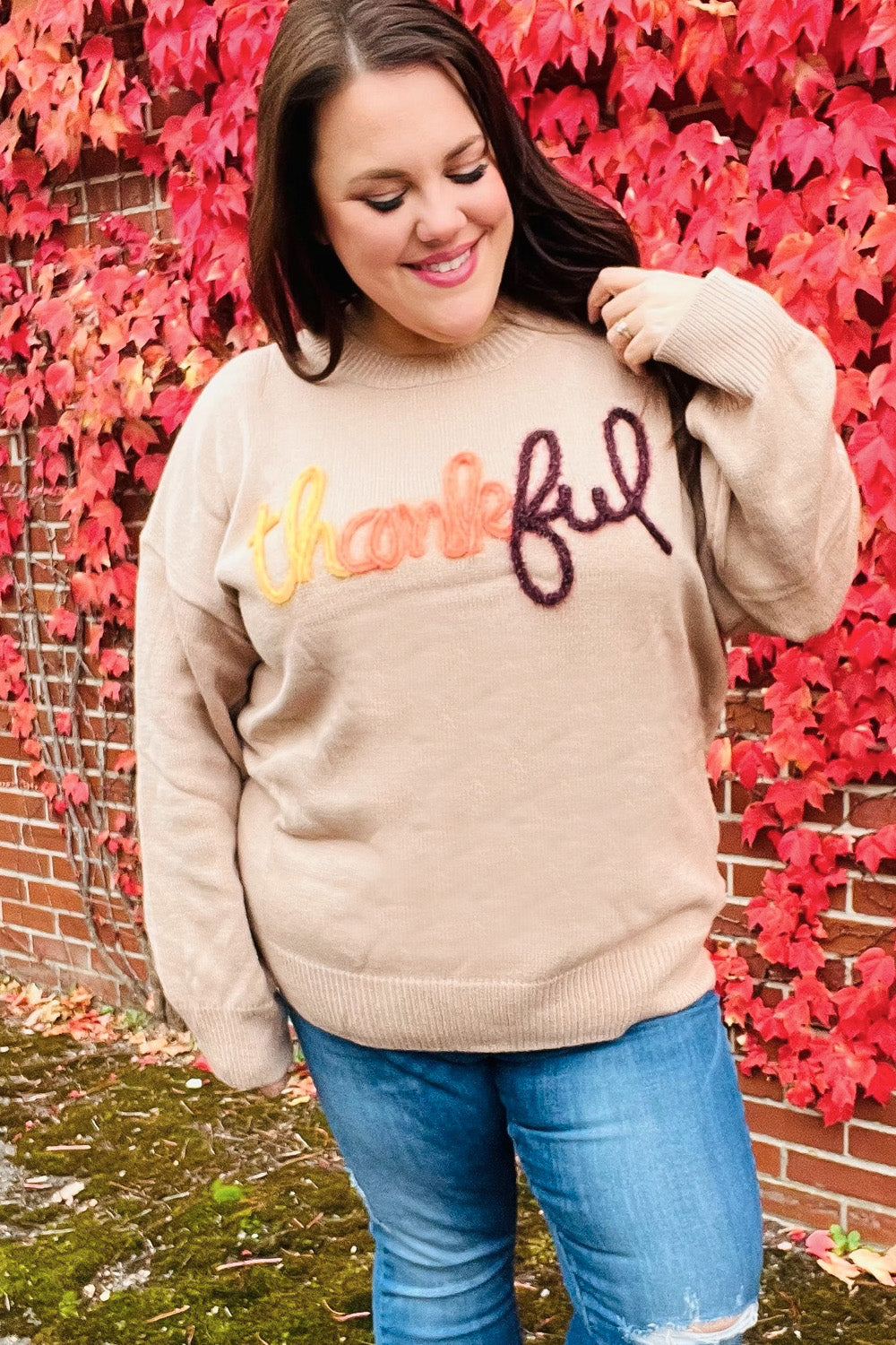 Aida® | Feeling Thanksful – Sweter typu pop-up z błyszczącym haftem w kolorze taupe