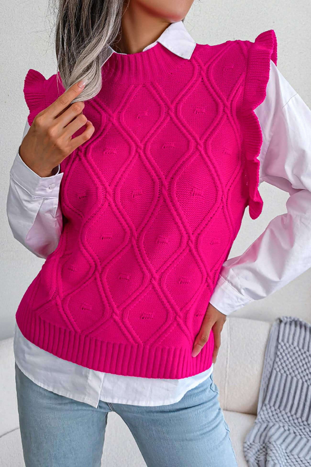 Aitana® | Sweter z kamizelką z dzianiny w stylu argyle z falbaną
