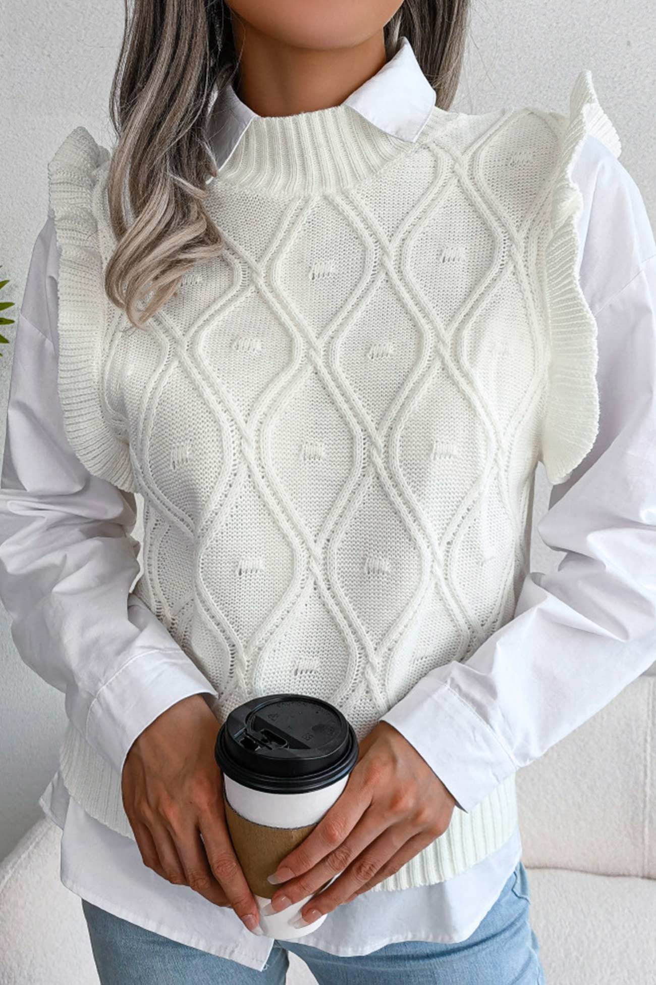 Aitana® | Sweter z kamizelką z dzianiny w stylu argyle z falbaną