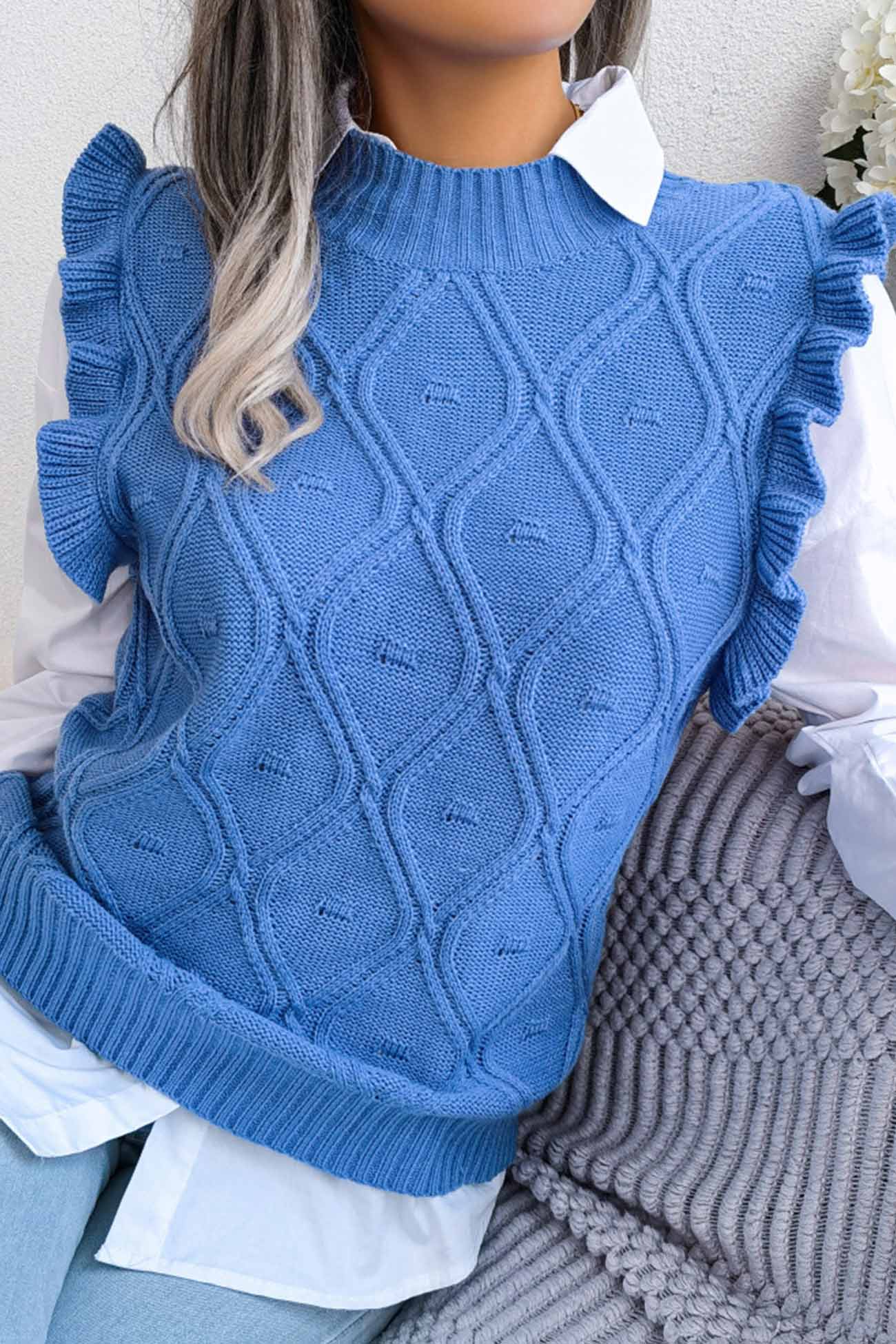 Aitana® | Sweter z kamizelką z dzianiny w stylu argyle z falbaną