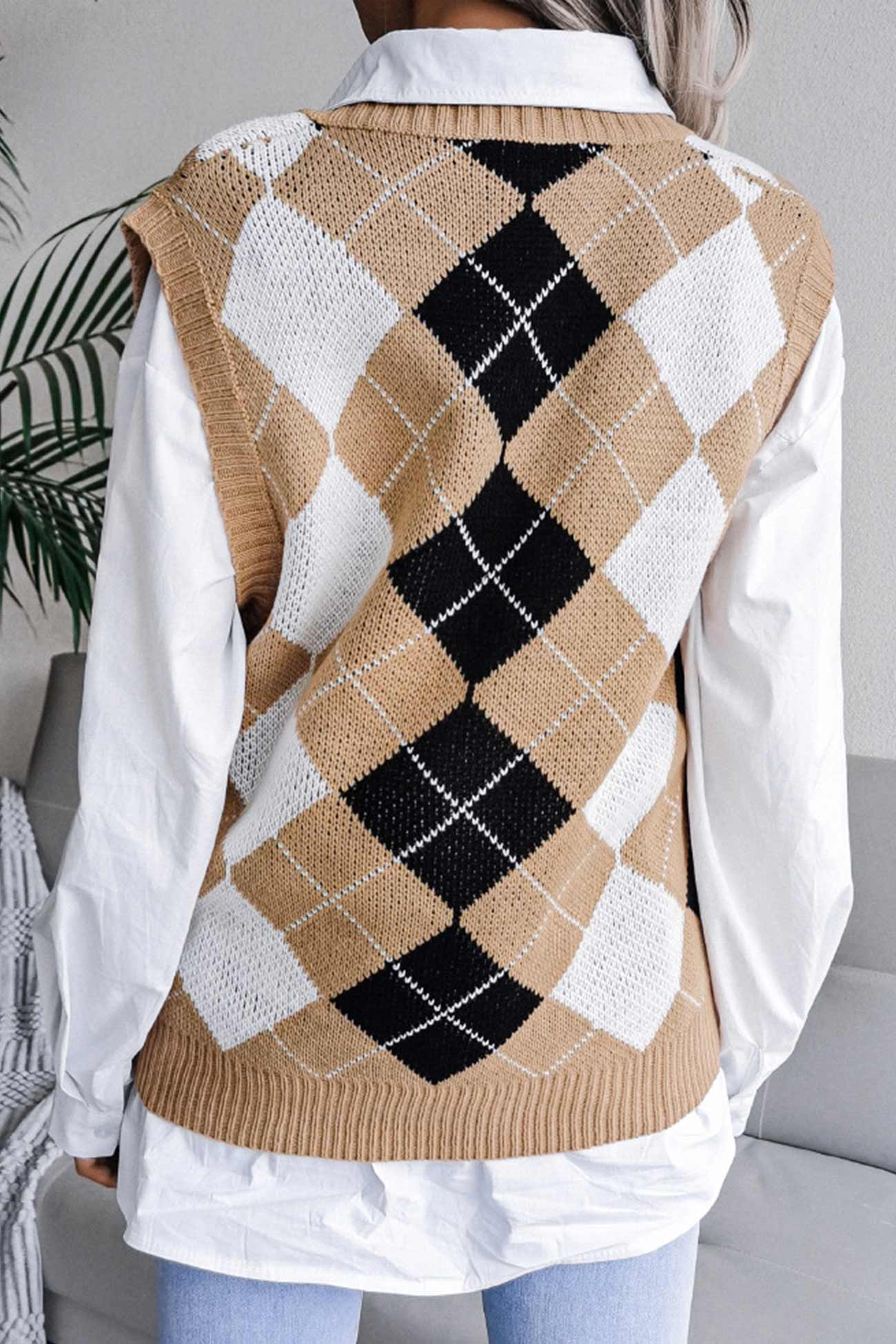 Milena® | Dzianinowy top w kratkę z dekoltem w kształcie litery V