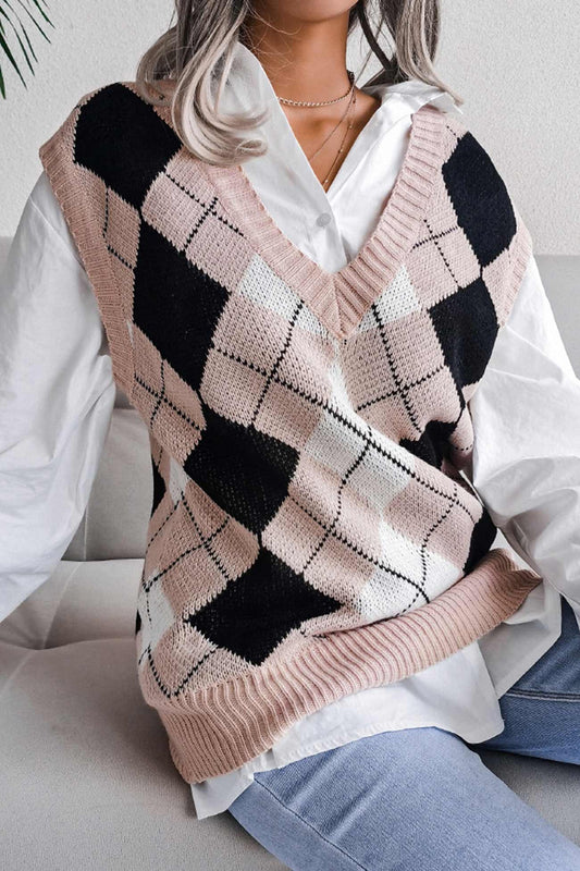 Milena® | Dzianinowy top w kratkę z dekoltem w kształcie litery V