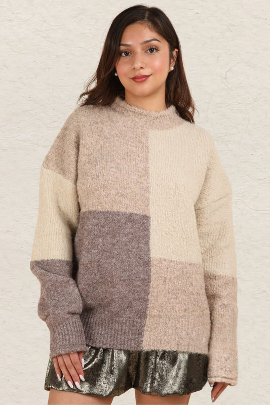 Alessa® | Sweter w bloki kolorów, ze stójką i obniżonymi ramionami
