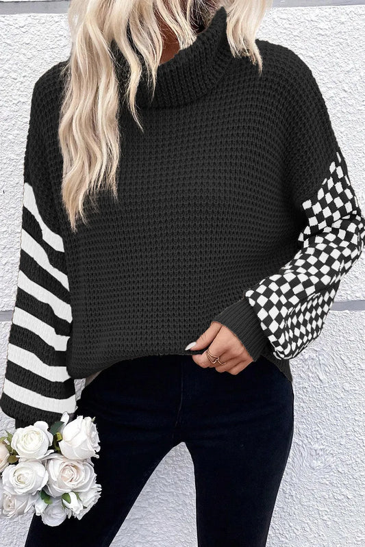 Agnieszka® | Sweter z golfem w kratkę i długimi rękawami