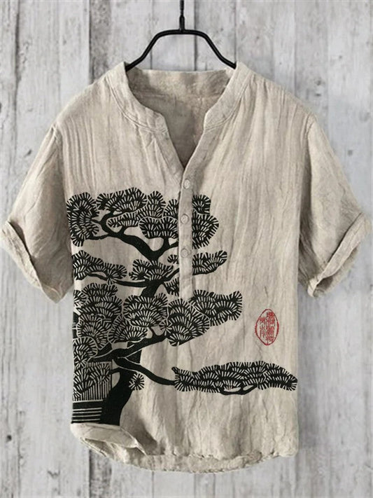 Koszula Japońska Lino Art w Stylu vintage Pine Tree