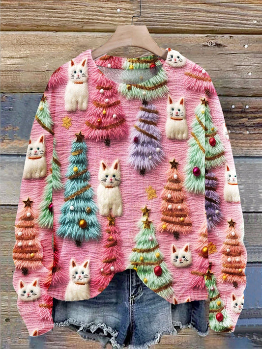 Sweter z Dzianiny z Nadrukiem 3D i Uroczym Swiątecznym Kotem
