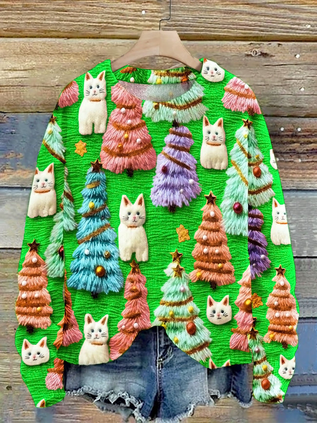 Sweter z Dzianiny z Nadrukiem 3D i Uroczym Swiątecznym Kotem