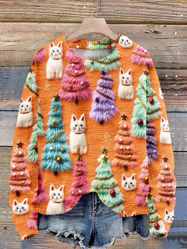 Sweter z Dzianiny z Nadrukiem 3D i Uroczym Swiątecznym Kotem