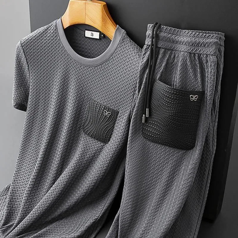 Pánské sportovní oblečení Houndstooth proti vráskám  oblek s krátkým rukávem