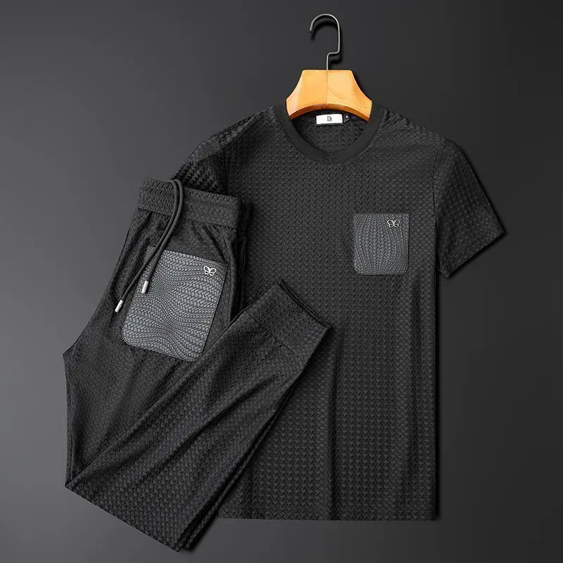 Pánské sportovní oblečení Houndstooth proti vráskám  oblek s krátkým rukávem