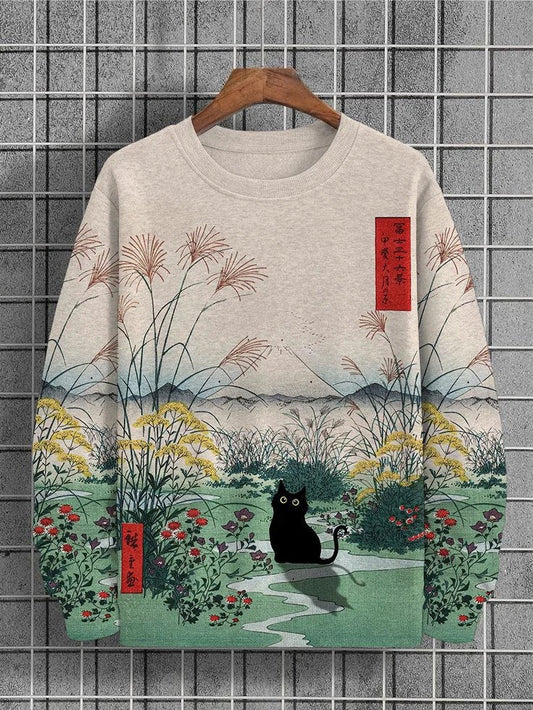 Męska Bluza z Japońskim Nadrukiem Kota, okres Edo, góra Fuji